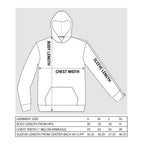 5BORO NYC - Measurement chart for a hoodie with labeled parts and size chart