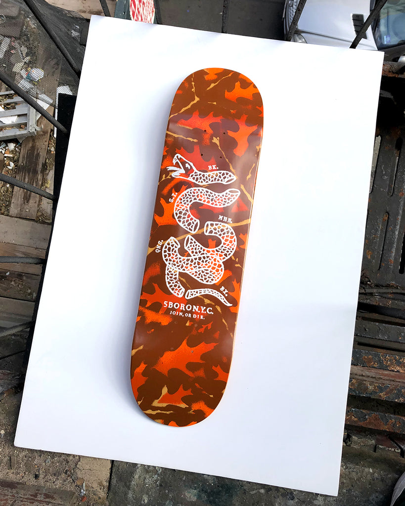 5BORO DIY Leaf Camo Orange & Brown  with Join or Die Snake Printed in White